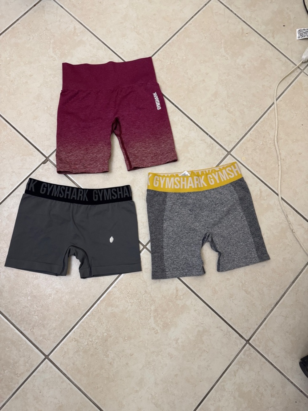 Gymshark Seamless Shorts Trio - Burgundy, Charcoal, Gray with Yellow Waistband